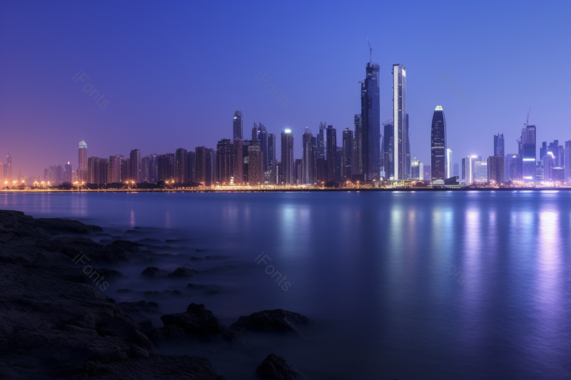 蓝色背景的繁华的城市高楼建筑夜景,高清,摄影图,摄影图片,图片大全,摄影图免费下载